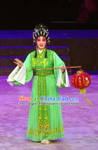 Chinese Cantonese Opera Xiaodan Garment Story of the Violet Hairpin Costumes and Headdress Traditional Guangdong Opera Young Lady Apparels Maidservant Green Dress