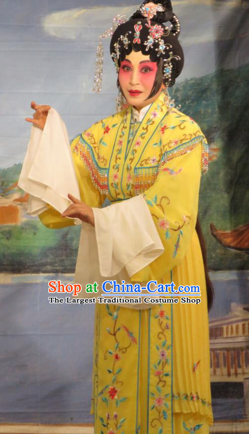 Chinese Cantonese Opera Young Female Garment Hua Tian Ba Xi Hairpin Costumes and Headdress Traditional Guangdong Opera Hua Tan Apparels Rich Lady Yellow Dress