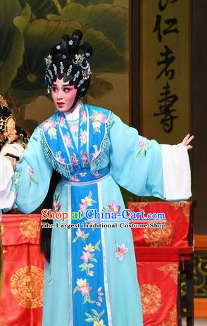 Chinese Cantonese Opera Hua Tan Garment Costumes and Headdress Traditional Guangdong Opera Actress Apparels Diva Jia Yunv Blue Dress