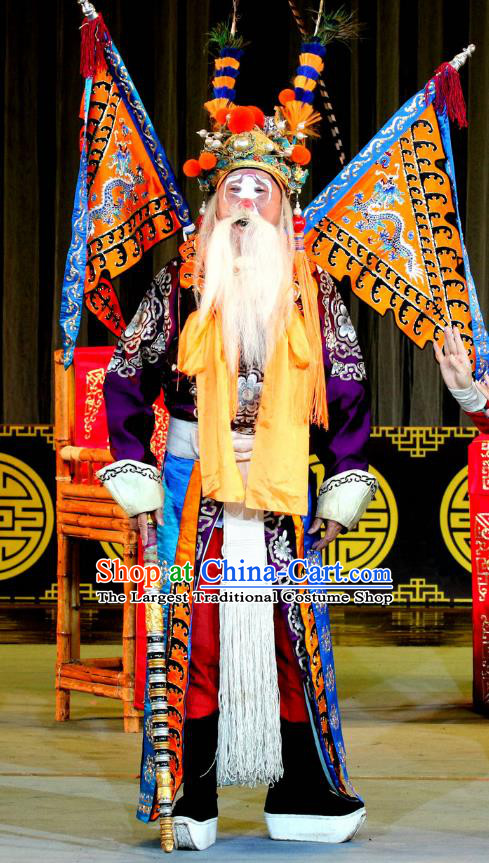 Qi Xing Temple Chinese Sichuan Opera Elderly Male Apparels Costumes and Headpieces Peking Opera Highlights Old Man Garment Clothing with Flags