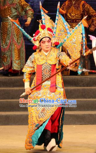 Legend of Er Lang Chinese Guangdong Opera General Armor Apparels Costumes and Headwear Traditional Cantonese Opera Garment Martial Male Kao Clothing with Flags