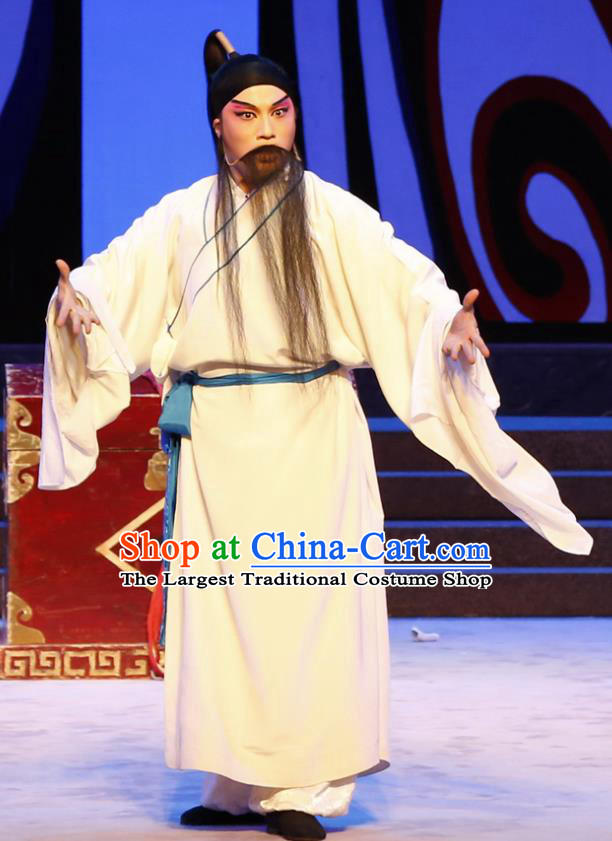 Chinese Guangdong Opera Elderly Male Apparels Costumes and Headwear Traditional Cantonese Opera Garment Scholar Fan Zhongyu Clothing