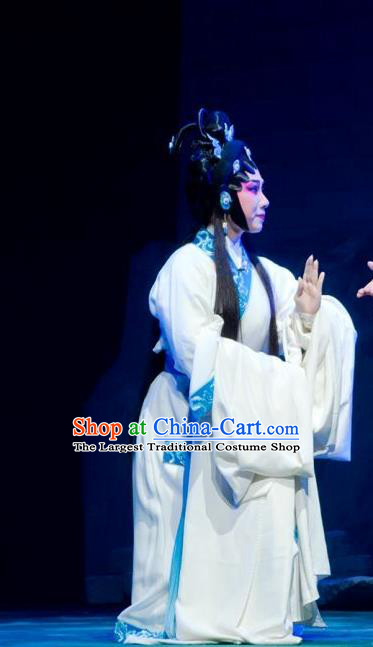 Chinese Cantonese Opera Young Female Garment King of Qin Meng Jiang Costumes and Headdress Traditional Guangdong Opera Actress Apparels Diva White Dress