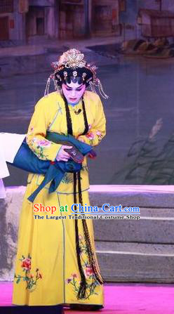 Chinese Cantonese Opera Young Mistress Garment Escape from Banishment Costumes and Headdress Traditional Guangdong Opera Actress Apparels Diva Lin Chunhua Yellow Dress