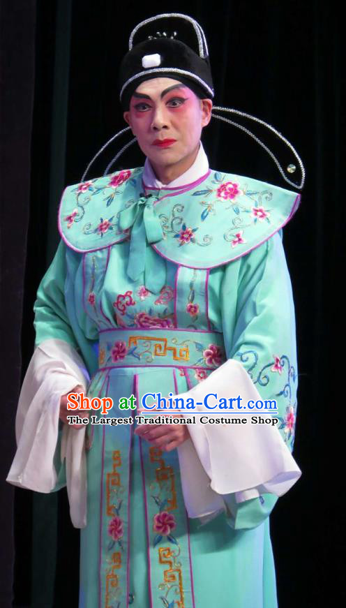 Wu Nv Bai Shou Chinese Guangdong Opera Young Male Apparels Costumes and Headwear Traditional Cantonese Opera Childe Garment Xiaosheng Green Clothing