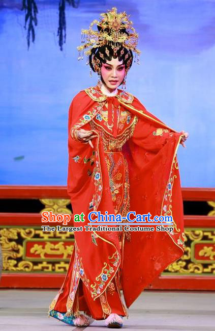 Chinese Cantonese Opera Swordswoman Liu Jinding Garment San Kan Yu Mei Costumes and Headdress Traditional Guangdong Opera Wudan Apparels Martial Female Red Dress