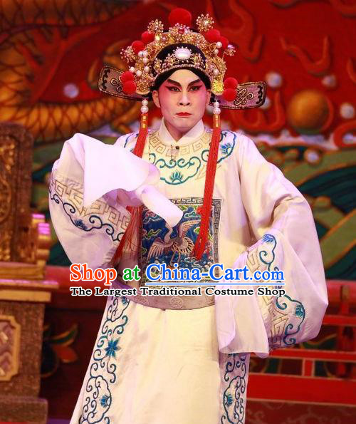 Nu Chuang Jin Dian Chinese Guangdong Opera Xiaosheng Apparels Costumes and Headwear Traditional Cantonese Opera Scholar Garment Young Male Clothing