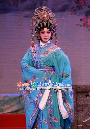 Chinese Cantonese Opera Imperial Consort Garment Dan Jia Nv Costumes and Headdress Traditional Guangdong Opera Hua Tan Apparels Young Female Blue Dress