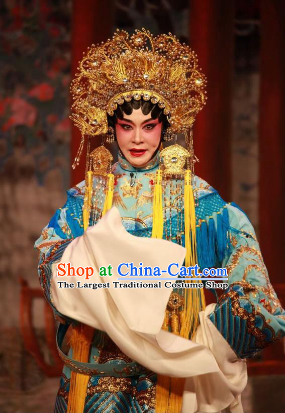 Chinese Cantonese Opera Imperial Empress Garment Dan Jia Nv Costumes and Headdress Traditional Guangdong Opera Hua Tan Apparels Queen Blue Dress