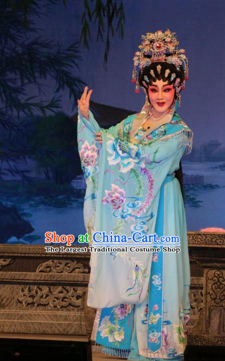 Chinese Cantonese Opera Princess Garment Costumes and Headdress Traditional Guangdong Opera Young Beauty Apparels Hua Tan Blue Dress