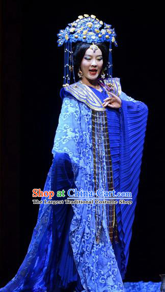 Chinese Historical Drama Confucius Said Ancient Imperial Consort Garment Costumes Traditional Northern Wei Dynasty Empress Dress Queen Blue Apparels and Headdress