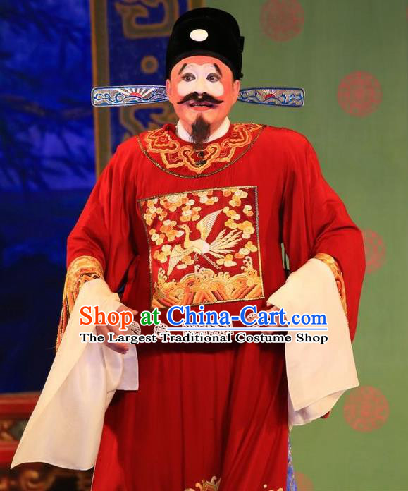 Xu Jiujing Chinese Guangdong Opera Clown Apparels Costumes and Headwear Traditional Cantonese Opera Official Garment Magistrate Red Clothing