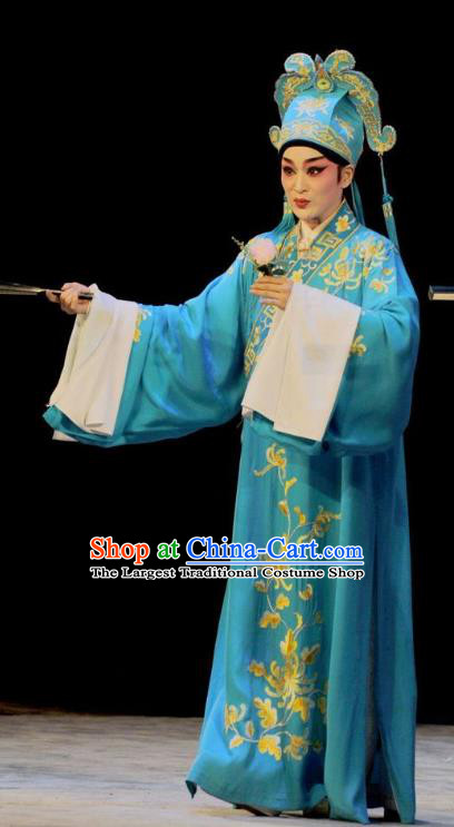 Lou Tai Hui Chinese Guangdong Opera Zhu Yingtai Apparels Costumes and Headwear Traditional Cantonese Opera Scholar Garment Xiaosheng Blue Robe Clothing