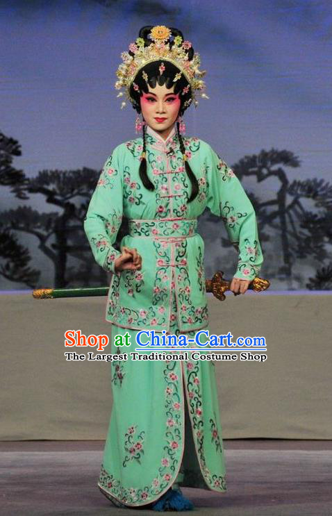 Chinese Cantonese Opera Martial Female Garment Fan Lihua Return Tang Costumes and Headdress Traditional Guangdong Opera Wudan Apparels Swordswoman Green Dress