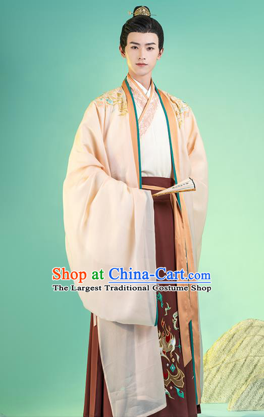 Asian Chinese Traditional Song Dynasty Nobility Childe Hanfu Apparels Ancient Prince Historical Costumes Cape Blouse and Skirt Full Set for Men