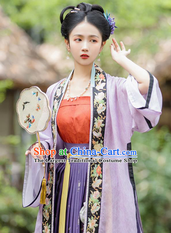 Traditional Chinese Song Dynasty Patrician Girl Hanfu Apparels Ancient Nobility Woman Historical Costumes Embroidered BeiZi Tube Top and Overlapping Skirt Full Set