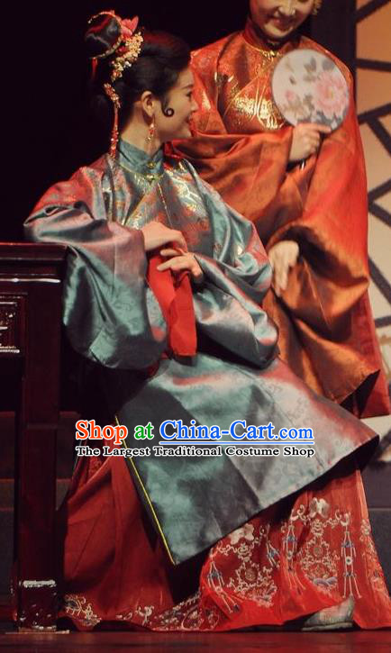 Chinese Historical Drama Peach Blossom Fan Ancient Procuress Garment Costumes Traditional Stage Show Dress Ming Dynasty Madam Apparels and Headpieces