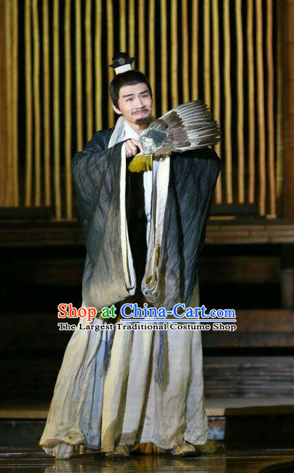 Chinese Traditional Three Kingdoms Period Strategist Clothing Stage Performance Historical Drama The Legend of Zhuge Liang Apparels Costumes Ancient Adviser Garment and Headwear