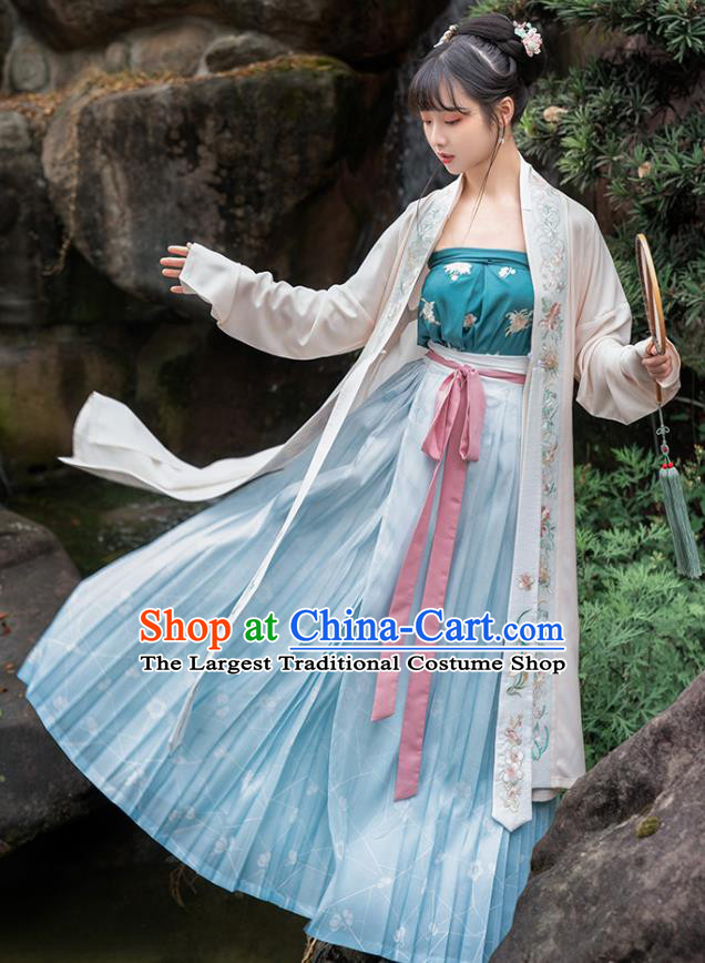 Chinese Traditional Song Dynasty Village Girl Hanfu Apparels Ancient Civilian Lady Embroidered Long BeiZi and Skirt Historical Costumes Complete Set