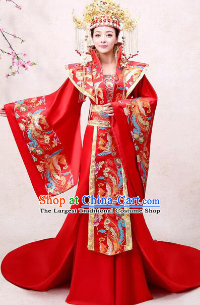 Chinese Ancient Drama Queen Red Hanfu Dress Apparels Traditional Tang Dynasty Royal Empress Wedding Historical Costumes Complete Set for Women