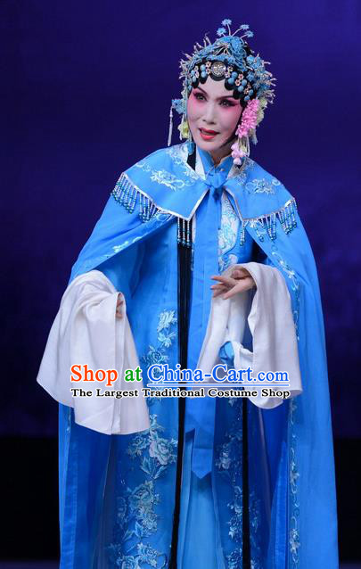 Chinese Hebei Clapper Opera Hua Tan Blue Garment Costumes and Headdress Zhen Zhu Shan Traditional Bangzi Opera Actress Dress Young Mistress Wang Sanqiao Apparels