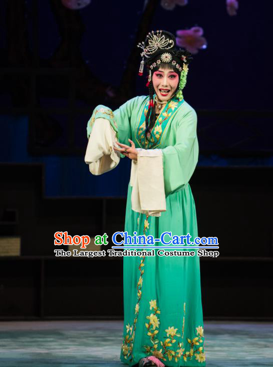 Chinese Hebei Clapper Opera Actress Garment Costumes and Headdress Zhong Kui Traditional Bangzi Opera Hua Tan Green Dress Young Lady Apparels