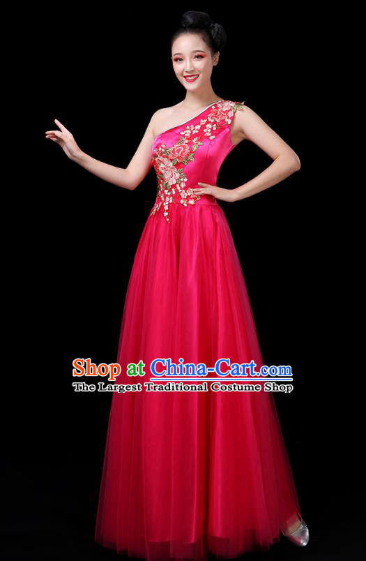 Traditional Chinese Chorus Costumes Stage Show Modern Dance Garment Opening Dance Rosy Single Shoulder Dress for Women