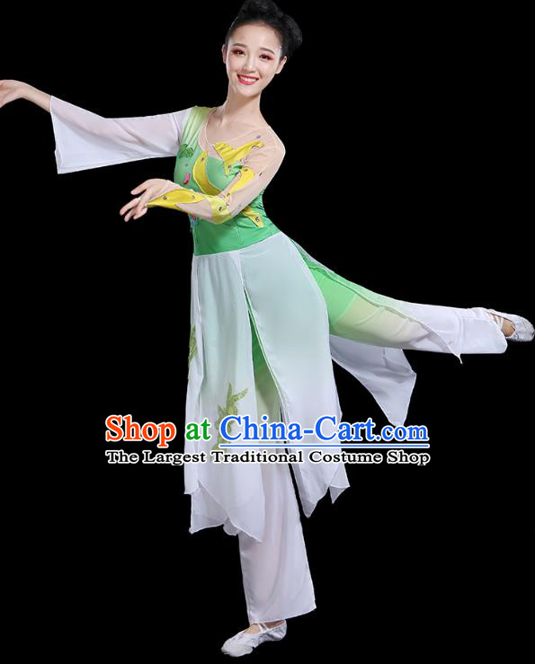 Traditional Chinese Fan Dance Costumes Stage Show Classical Dance Garment Umbrella Dance Green Blouse and Pants for Women