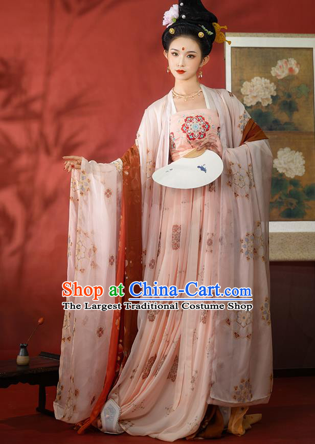 Traditional Chinese Tang Dynasty Historical Costumes Ancient Court Female Hanfu Garment Pink Chiffon Cloak Blouse and Dress Complete Set