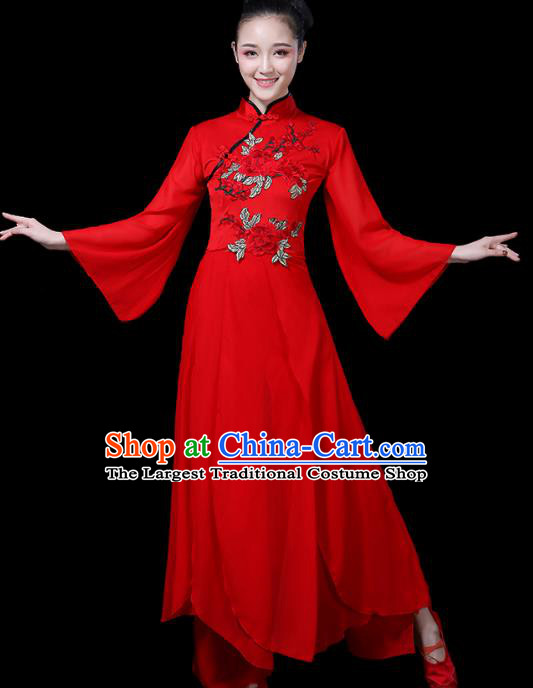 Traditional Chinese Fan Dance Costumes Stage Show Folk Dance Garment Classical Dance Red Dress and Pants for Women