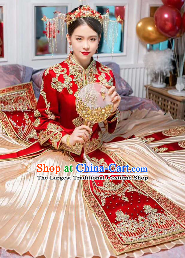 Chinese Traditional Wedding Drilling Costumes Bride Apparels Embroidered Red Blouse and Golden Dress Xiuhe Suits for Women