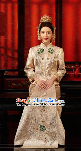 Chinese Traditional Bride Light Golden Apparels Embroidered Blouse and Dress Costumes Wedding Xiuhe Suits for Women