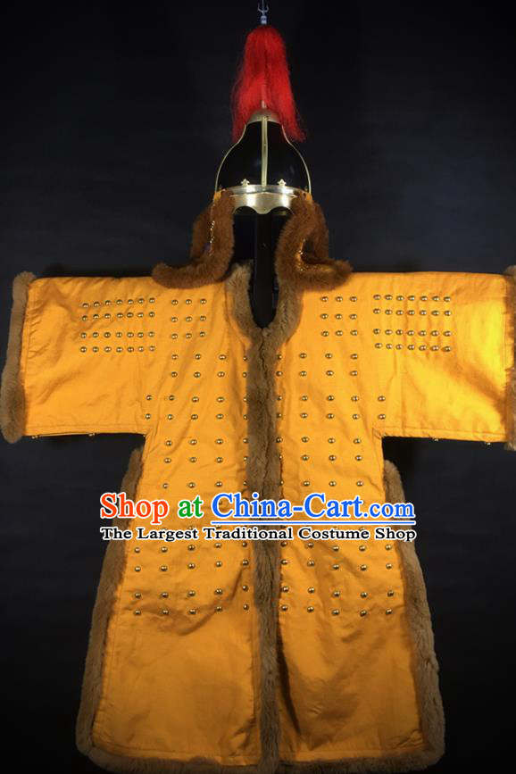 Traditional Korean Ming Dynasty General Yellow Body Armor and Helmet Ancient Warrior Costumes for Men