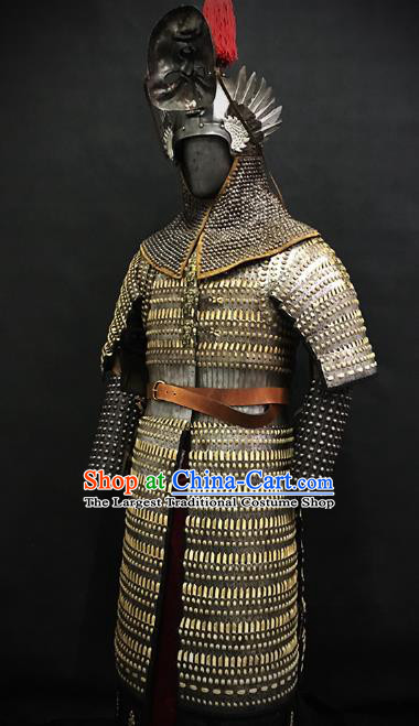 Traditional Chinese Ming Dynasty General Iron Body Armor Ancient Warrior Costumes and Helmet for Men