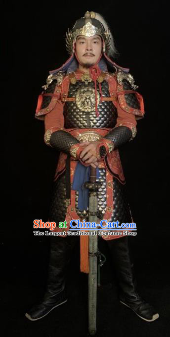 Traditional Chinese Han Dynasty General Body Armor Ancient Warrior Military Officer Costumes and Helmet for Men