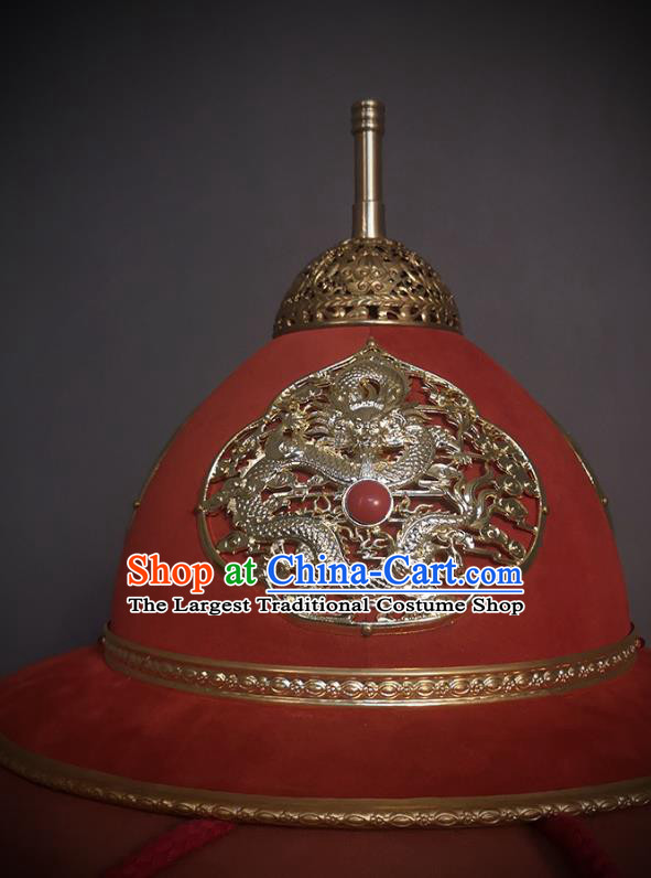 Traditional Chinese Ming Dynasty General Red Velvet Armet Hat Headpiece Ancient Military Officer Cavalry Helmet for Men