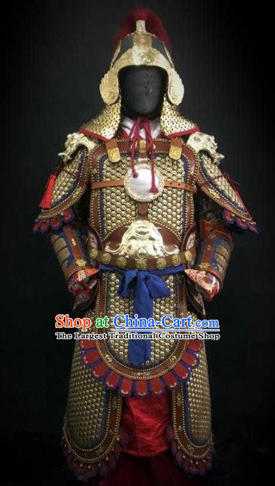 Traditional Chinese Ming Dynasty Imperial Guard Golden Body Armor Outfits Ancient Infantry General Copper Costumes and Helmet Full Set