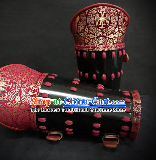 Traditional Chinese Ming Dynasty Infantry Warrior Red Brocade Wrist Guard Wristband Armor Ancient Soldier Leather Wristlets for Men