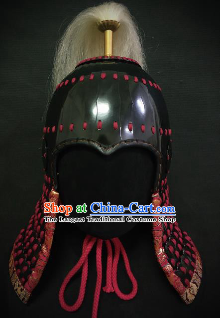 Traditional Chinese Tang Dynasty General Black Armor Hat Headpiece Ancient Soldier Warrior Armet Iron Helmet for Men