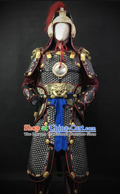 Traditional Chinese Ming Dynasty Soldier Body Armor Outfits Ancient Infantry General Copper Costumes and Helmet Full Set