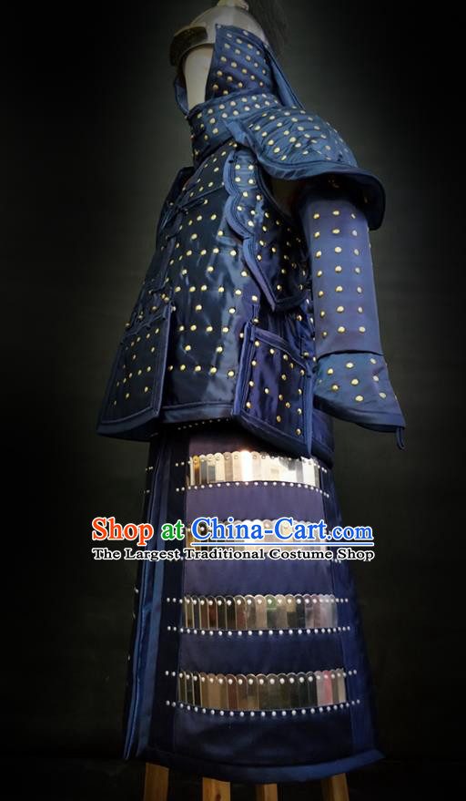 Traditional Chinese Qing Dynasty Emperor Qianlong Blue Satin Body Armor Outfits Ancient General Iron Costumes and Helmet Full Set