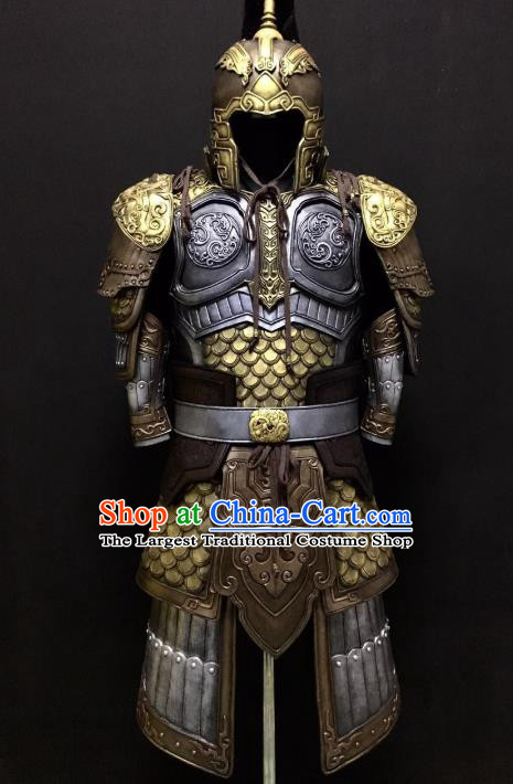 Traditional Chinese Han Dynasty Military Officer Body Armor Outfits Ancient Film General Armour Costumes and Helmet Full Set