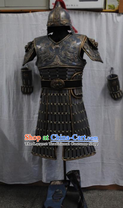 Traditional Chinese Han Dynasty Warrior Body Armor Outfits Ancient Film Soldier Armour Costumes and Headwear Full Set