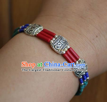 Chinese Traditional Tibetan Nationality Silver Carving Bracelet Jewelry Accessories Decoration Handmade Zang Ethnic Bangle for Women