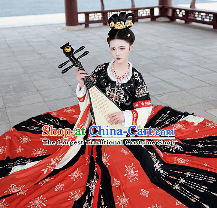 Chinese Ancient Tang Dynasty Royal Princess Embroidered Hanfu Black Half Sleeved Garment Blouse and Skirt Costumes Complete Set for Women