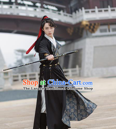 Chinese Ancient Tang Dynasty Swordsman Hanfu Garment Traditional Embroidered Black Robe Costumes for Men