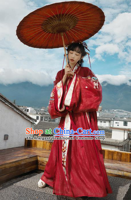 Chinese Jin Dynasty Wedding Garment Traditional Ancient Royal Princess Hanfu Costumes Embroidered Red Blouse and Skirt Full Set