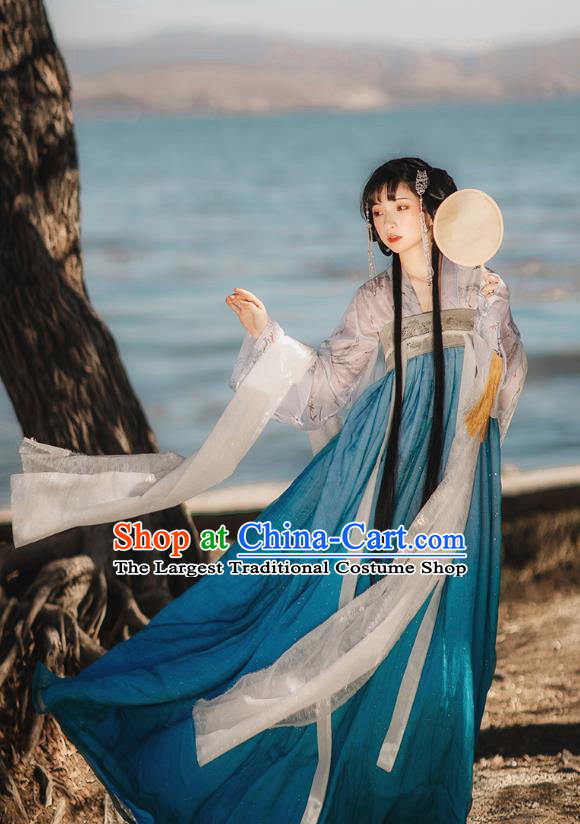 Chinese Tang Dynasty Historical Costumes Traditional Hanfu Garment Ancient Princess Blouse and Blue Chiffon Dress Complete Set