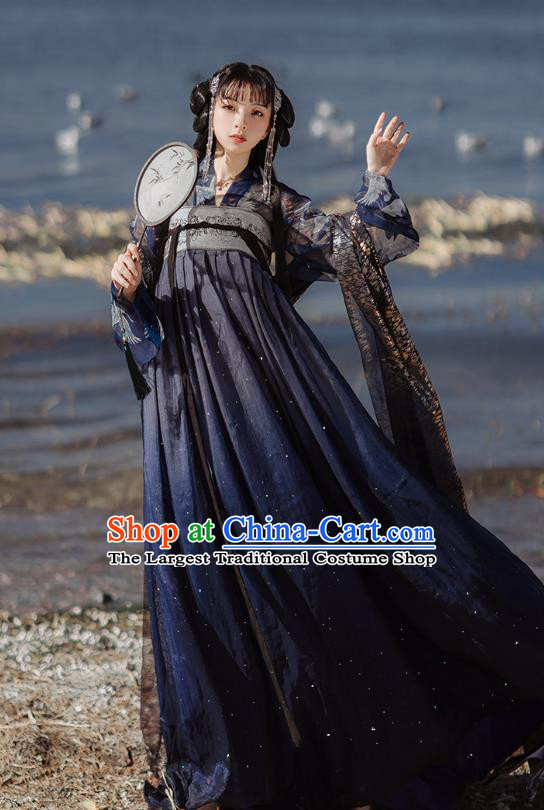 Chinese Tang Dynasty Court Lady Historical Costumes Traditional Hanfu Garment Ancient Princess Navy Blouse and Chiffon Dress for Women