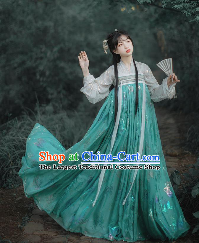 Chinese Tang Dynasty Royal Princess Historical Costumes Traditional Hanfu Garment Ancient Noble Lady Blouse and Green Chiffon Dress Full Set